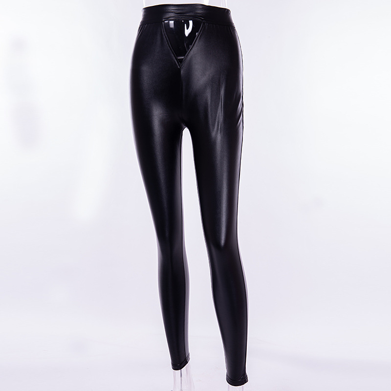 Dark Goth Black Woman PU Long Pants 2020 Lady Hollow Out Cool High Waist Tight Punk Trousers Lady Gothic Winter Autumn Hole Pant T200422