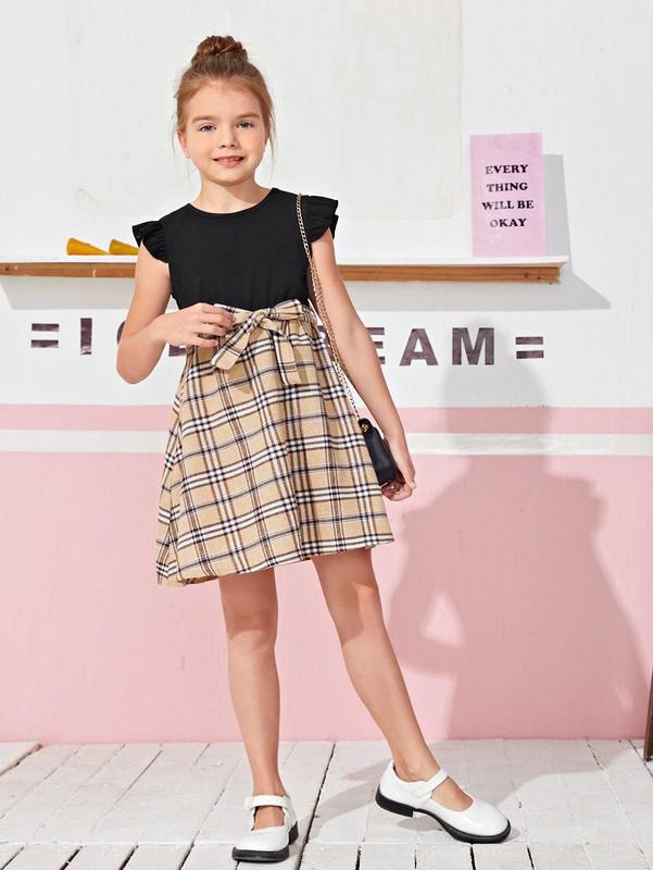 Girls Plaid Ruffle Sleeve Belted Dress SHE