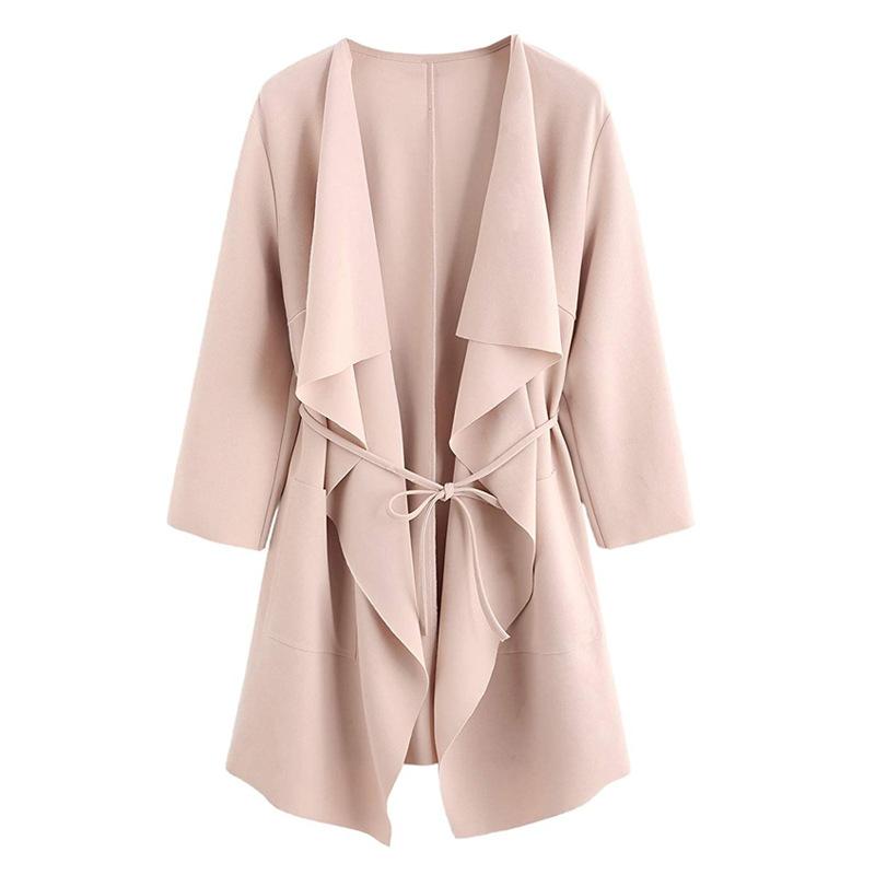 

folding Waterfall Collar Pocket Front Wrap Work Wear Trench Peach 3/4 Sleeve Apricot Knee Length With Belts Office Women Coat, Gray