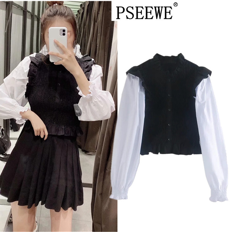 2021 New Top Women Chic High Collar Smocked Elastic Contrast Cropped Blouse Female Fashion Long Sleeves Button-up Tops Szl8, Black and white 
2021 New Top Women Chic High Collar Smocked Elastic Contrast Cropped Blouse Female Fashion Long Sleeves Button-up Tops Szl8, Black and white