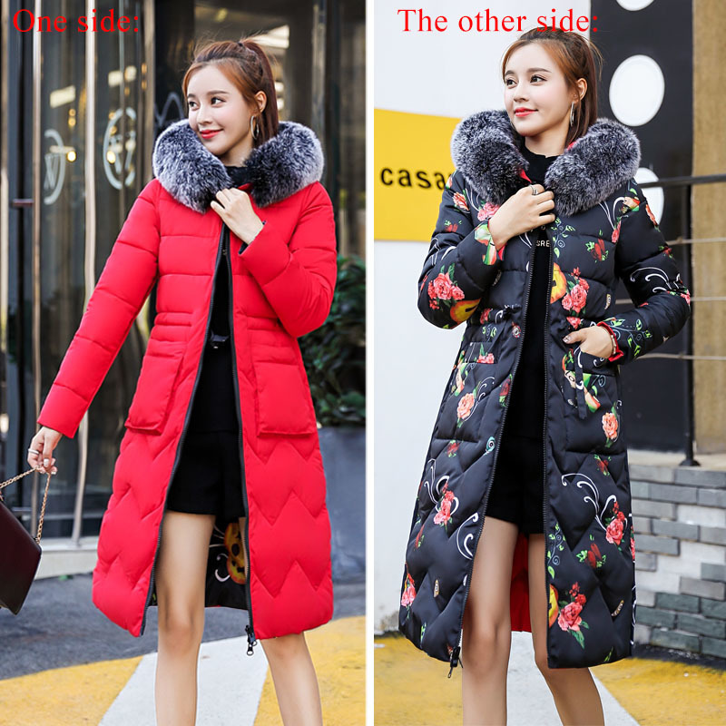 Both Two Sides Can Be Wore Arrival Women Winter Jacket With Fur Hooded Long Padded Female Coat Outwear Print Parka 201127