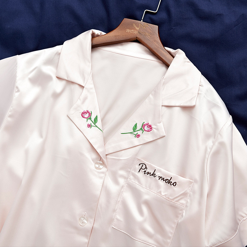silk women's pajamas with shorts Satin Embroidery Rose Floral home clothes sleeping clothing women lingerie Spring 210203