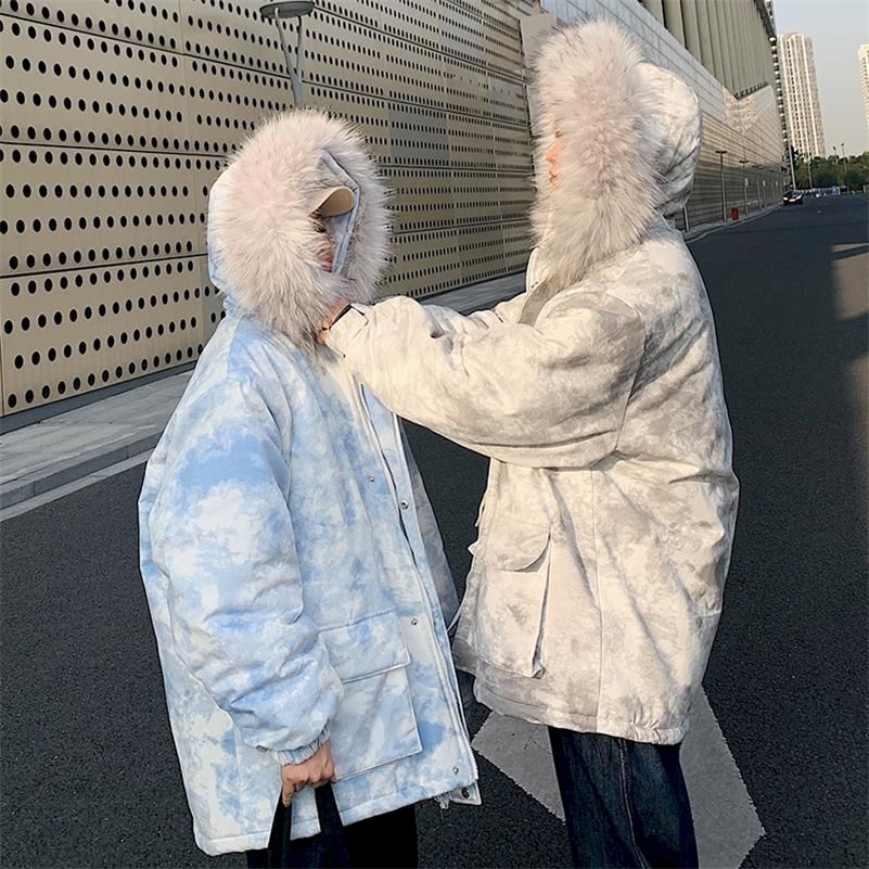 fur collar tie dye winter clothes jackets for women jacket plus size clothing goth cotton tops couple coat Korean fashion 201217