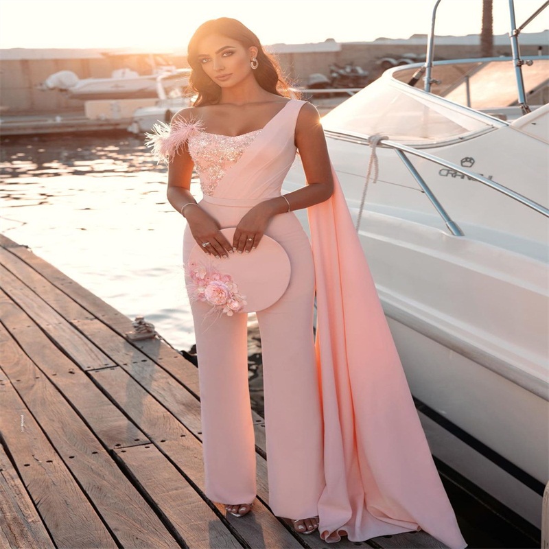 One Shoulder Jumpsuit Prom Dresses With Wrap Feather Lace Formal Evening Dress Glitter Sequins Party Gowns Modern Fashion Robe De Soirée