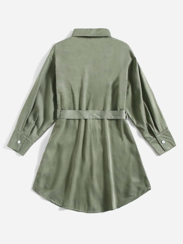 Girls Curved Hem Button Front Belted Shirt Dress SHE