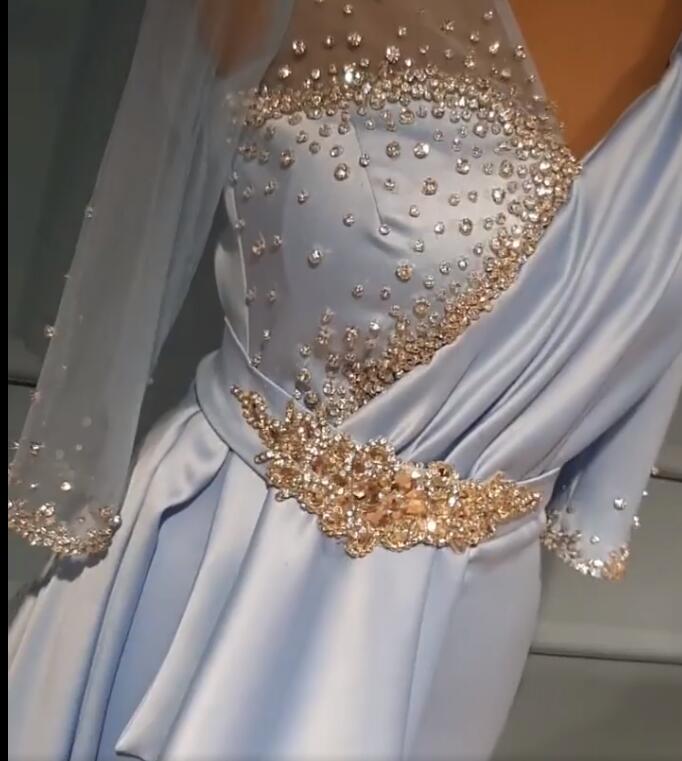 Aso Ebi 2020 Arabic Crystals Mermaid Sexy Evening Dresses Deep V-neck Prom Dresses Satin Formal Party Second Reception Gowns ZJ663
