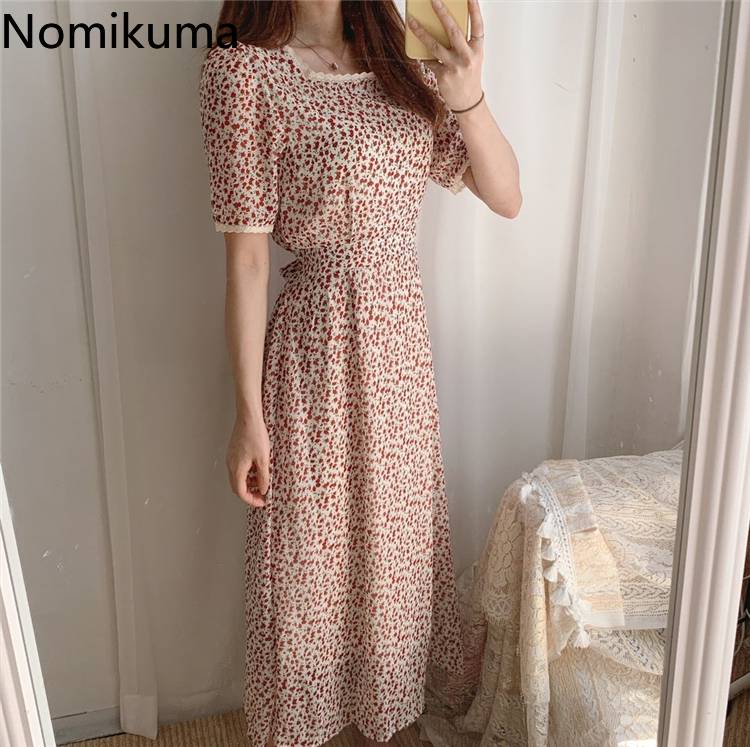 Nomikuma Square Collar Short Sleeve Elegant Dress Lace Patchwork Floral Print Slim Waist A Line Dresses Korean New Vestido 3a413 T200613