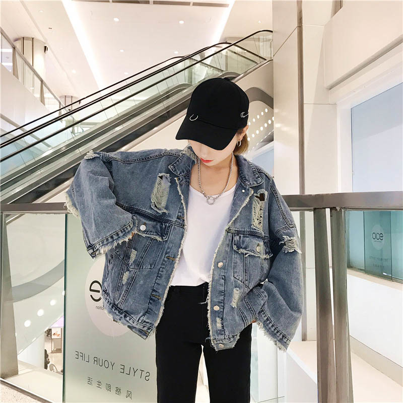 Spring & Autumn Long Sleeve Outerwear Women'S Denim Jacket Jean Parka Coat Ripped Hole Pockets Oversize Female Clothing T200319