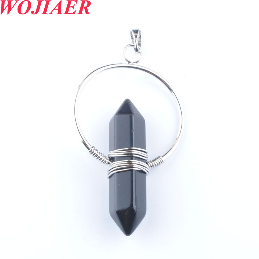 WOJIAER Vintage Natural Stone Pendant Crystal Healing Pointed Hexagon Pillar Circle Wire Wrap Dangle Women DBO908