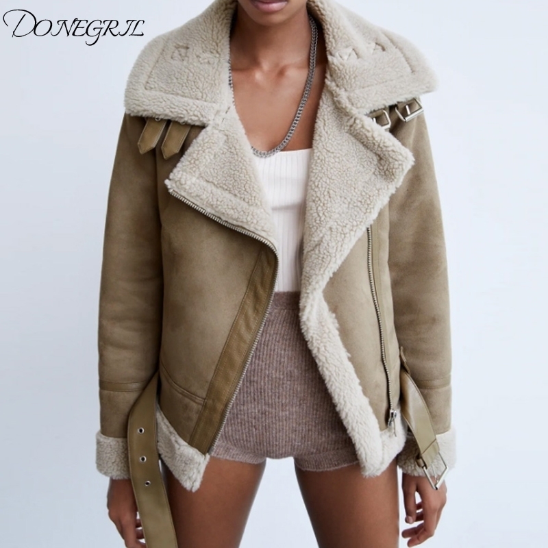 New Women Suede Leather Jackets Female Faux Shearling Sheepskin Coats Autumn Winter Lambs Wool Short Motorcycle Coats Belt 201020