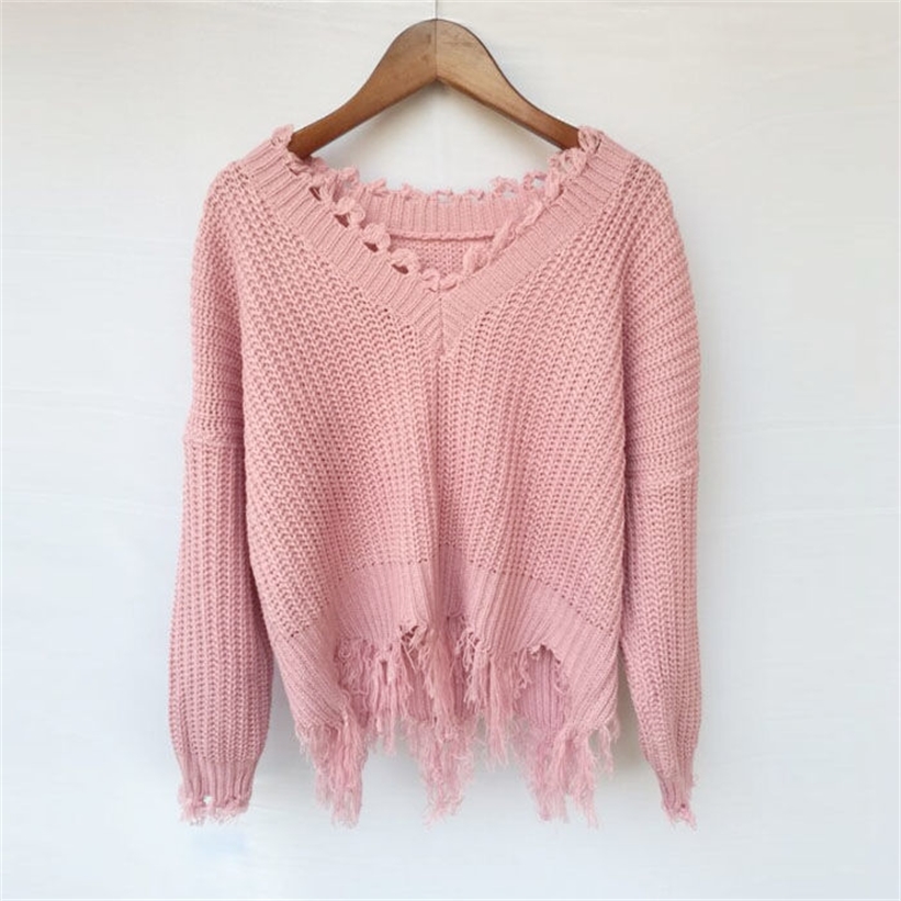 Knitted Sweater for Women Spring Autumn Ripped V Neck Loose Sweater Pullovers Oversized Ladies Tassel Tops White Black 201222