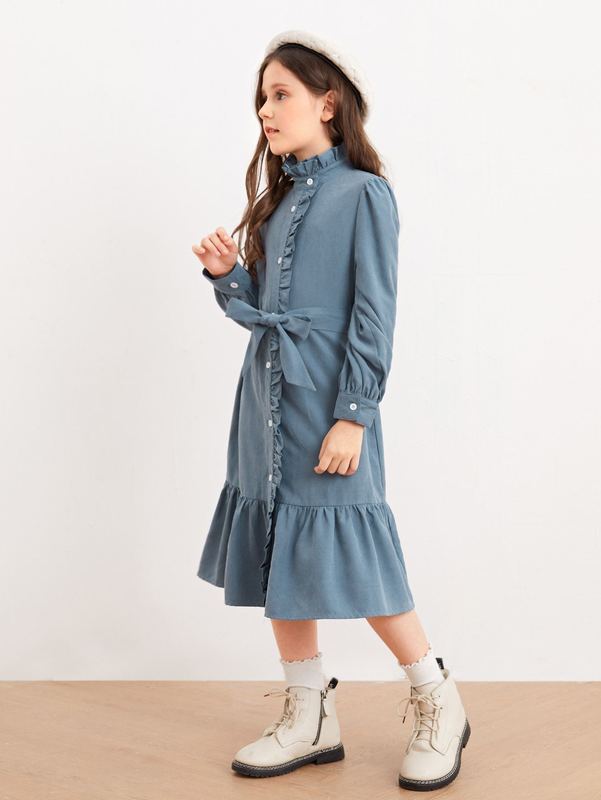 Girls Button Front Tie Front Ruffle Hem Dress SHE