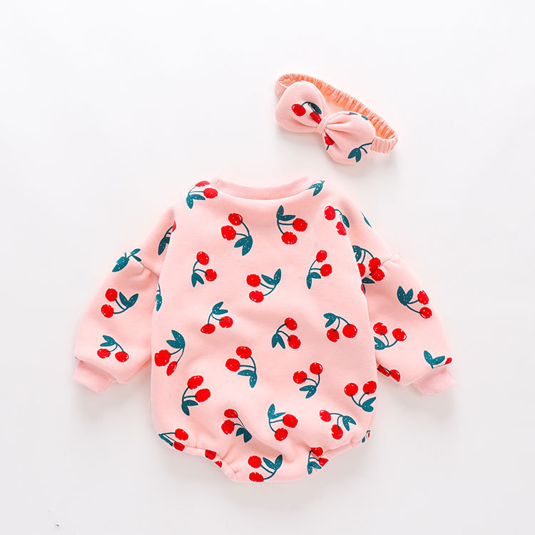 2020 New Cute baby Newborn Baby Cherry Girl Clothes Set Long Sleeve Hoddies Romper +headband Clothes Autumn Winter Wear 0-18m Y1221