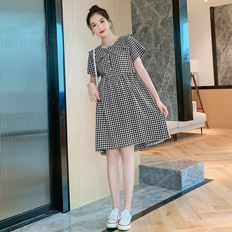 7018# Maternity Clothes Summer Cotton Plaid Short Sleeve fashion Loose Stylish Dress lactation for Pregnant Women Mom Dress LJ201123