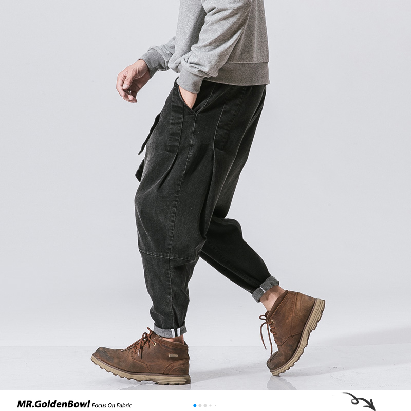 MrGoldenBowl Store Men Denim Jeans Men Harem Jeans Pants Male Drawstring Belt Vintage Trousers 201223