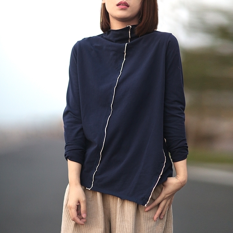 Johnature Women Cotton Turtleneck T-Shirts Patchwork Autumn New Long Sleeve 3 Color Casual Women Cloths Irregular T-Shirts 201028