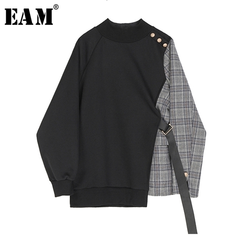 [EAM] Loose Fit Black Plaid Asymmetrical Sweatshirt New Round Neck Long Sleeve Women Big Size Fashion Tide Spring 1S382 201211