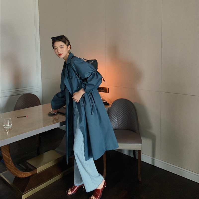 LANMREM autumn solid Women's double-breasted elegant turn-down collar pleated casual preppy style windbreaker coat 2A539 201102