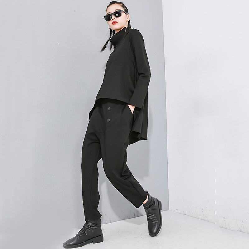 EAM High Elastic Waist Black Button Split Joint Long Trousers Loose Fit Harem Pants Women Fashion Spring Autumn 201228