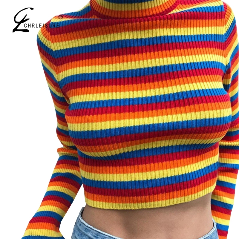 Rainbow Women's Cozy Knitted Sweater: Comfy Short Crop Top For Women