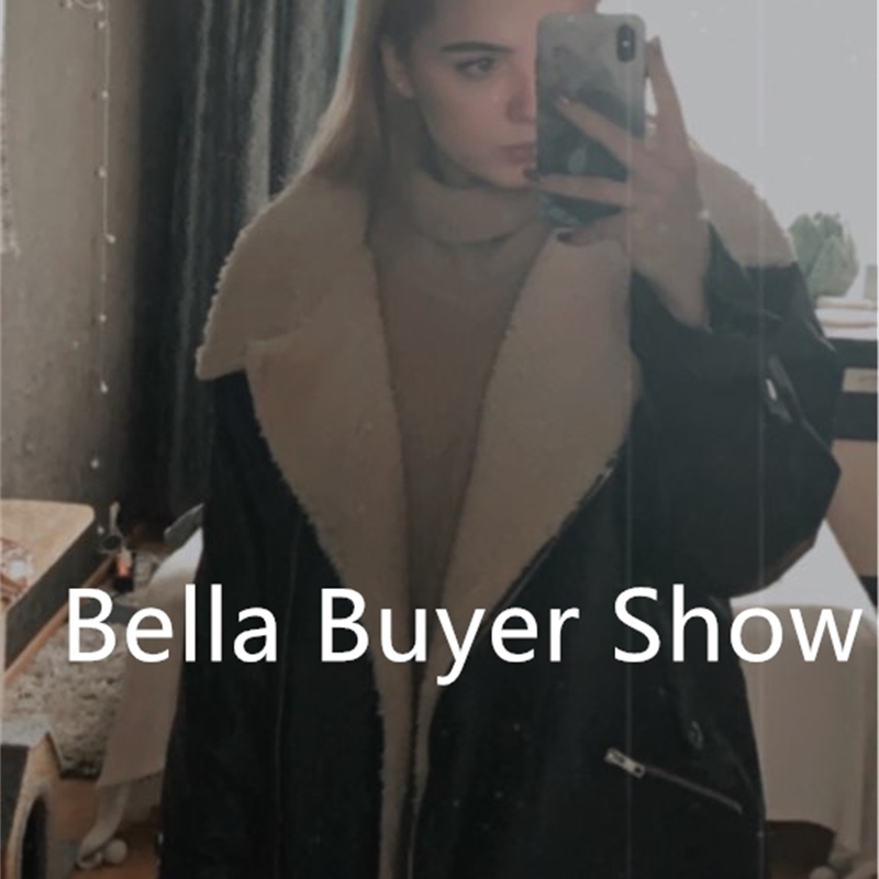 Bella philosophy Autumn Winter Temperament Turn Down Collar coats Zipper With Belt Women Loose Lamb Hair PU Fur Jacket 201029