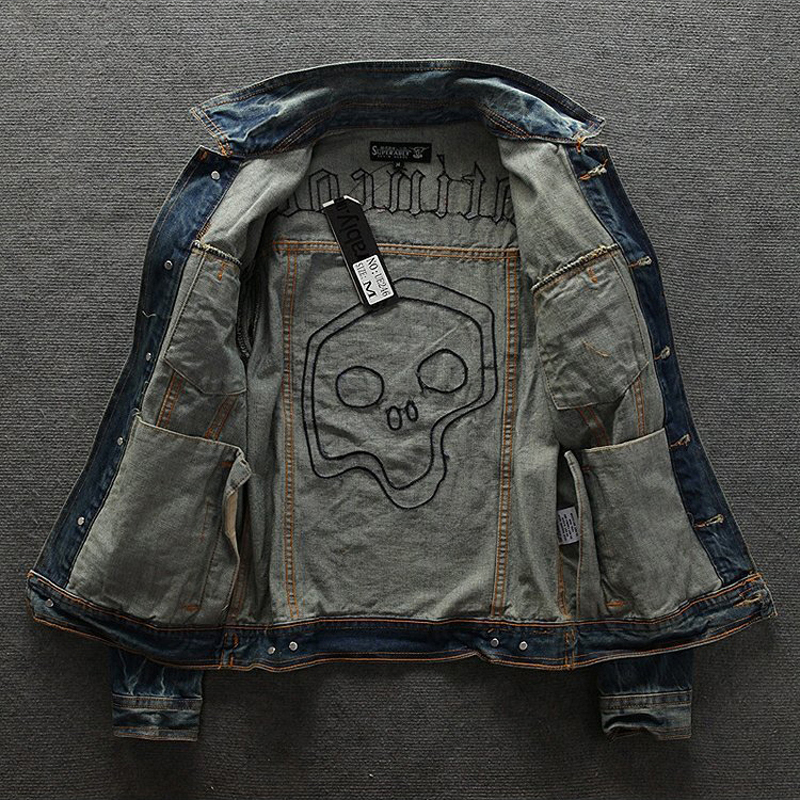 2019 New Street Fashion Men Jacket High Quality Skull Embroidery Nostalgia Retro Denim Jacket Men Coat Biker Jackets T200502