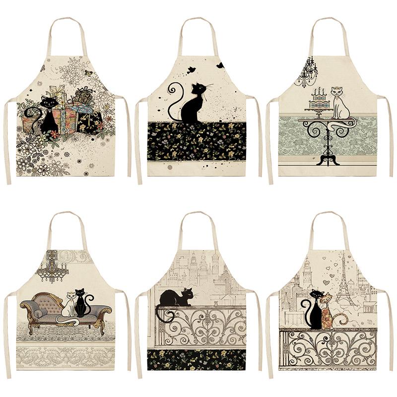 Black White Cat Letter Kitchen Aprons For Women Cotton Linen Bibs Household Cleaning Pinafore Home Cooking Apron 68x55cm