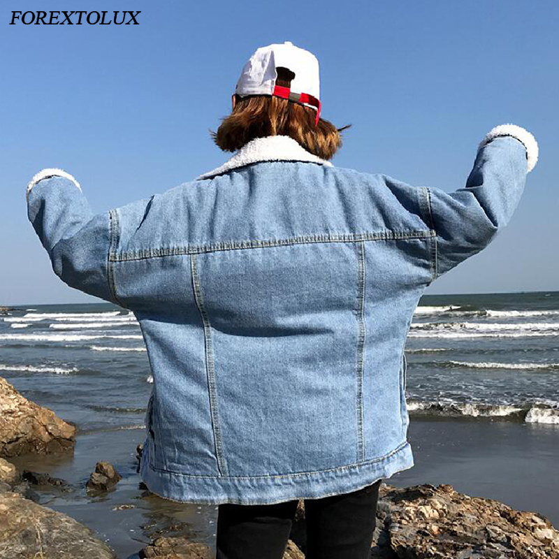 Berber Fleece Lining Denim Jackets Women Loose Thick Artificial Sherpa Warm Winter Buttons Overcoats Lapel Pockets Oversize Tops 201029