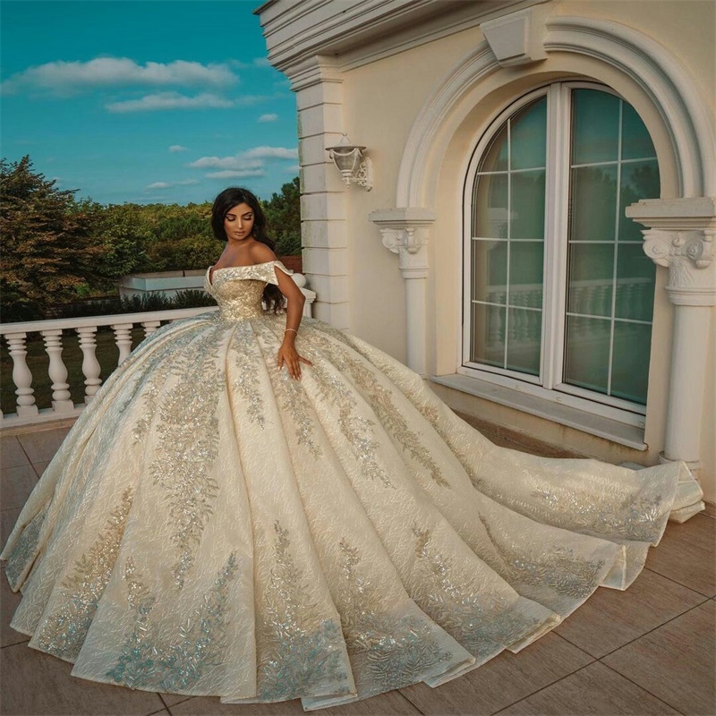 Dubai Off Shoulder Ball Gown Wedding Dress with Beads Lace Applique Plus Size Custom Made Bridal Gowns