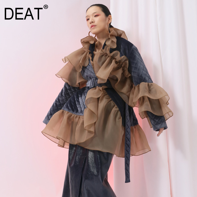 DEAT new autumn and winter European women fashion clothes ruffles patchwork spliced cotton coat thin with belts WC09904L 201027, Black 
DEAT new autumn and winter European women fashion clothes ruffles patchwork spliced cotton coat thin with belts WC09904L 201027, Black