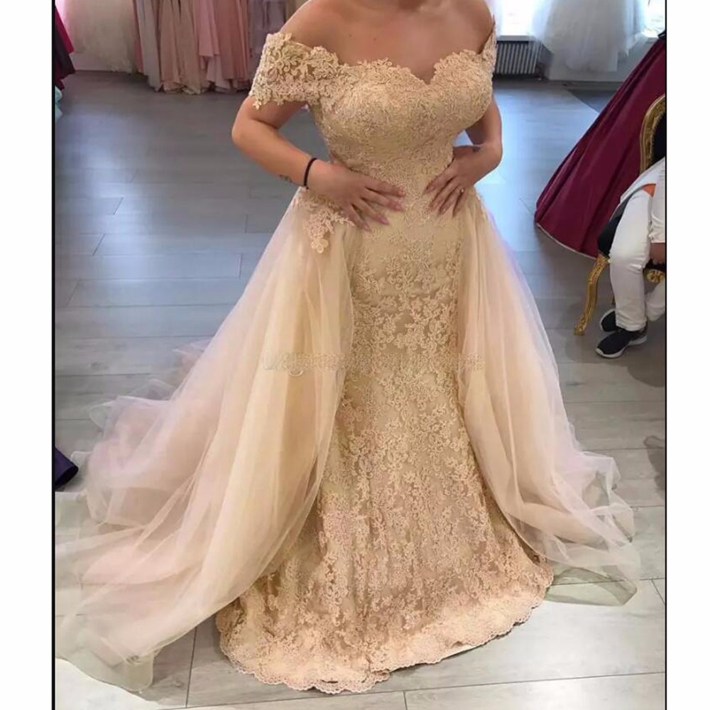 Modest Silver Lace Trumpet Evening Dresses 2021 Detachable Train Appliques Long Mermaid Prom Dress Formal Event Gowns Plus Size Abendkleider