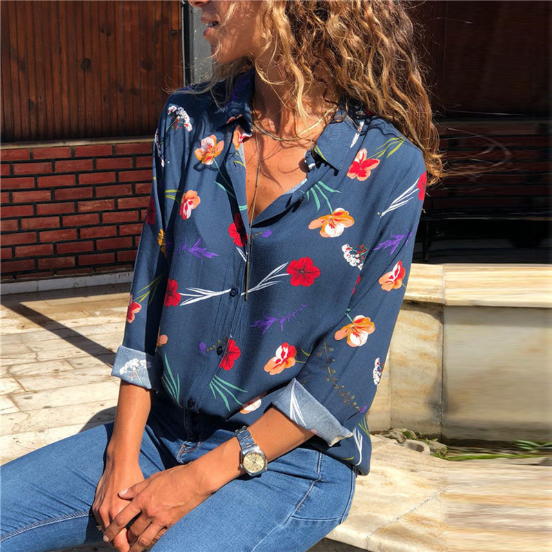 Aachoae Womens Tops and Blouses Summer Floral Print Blouse Long Sleeve Turn Down Collar Office Shirt Blusas Mujer Plus Size 201130