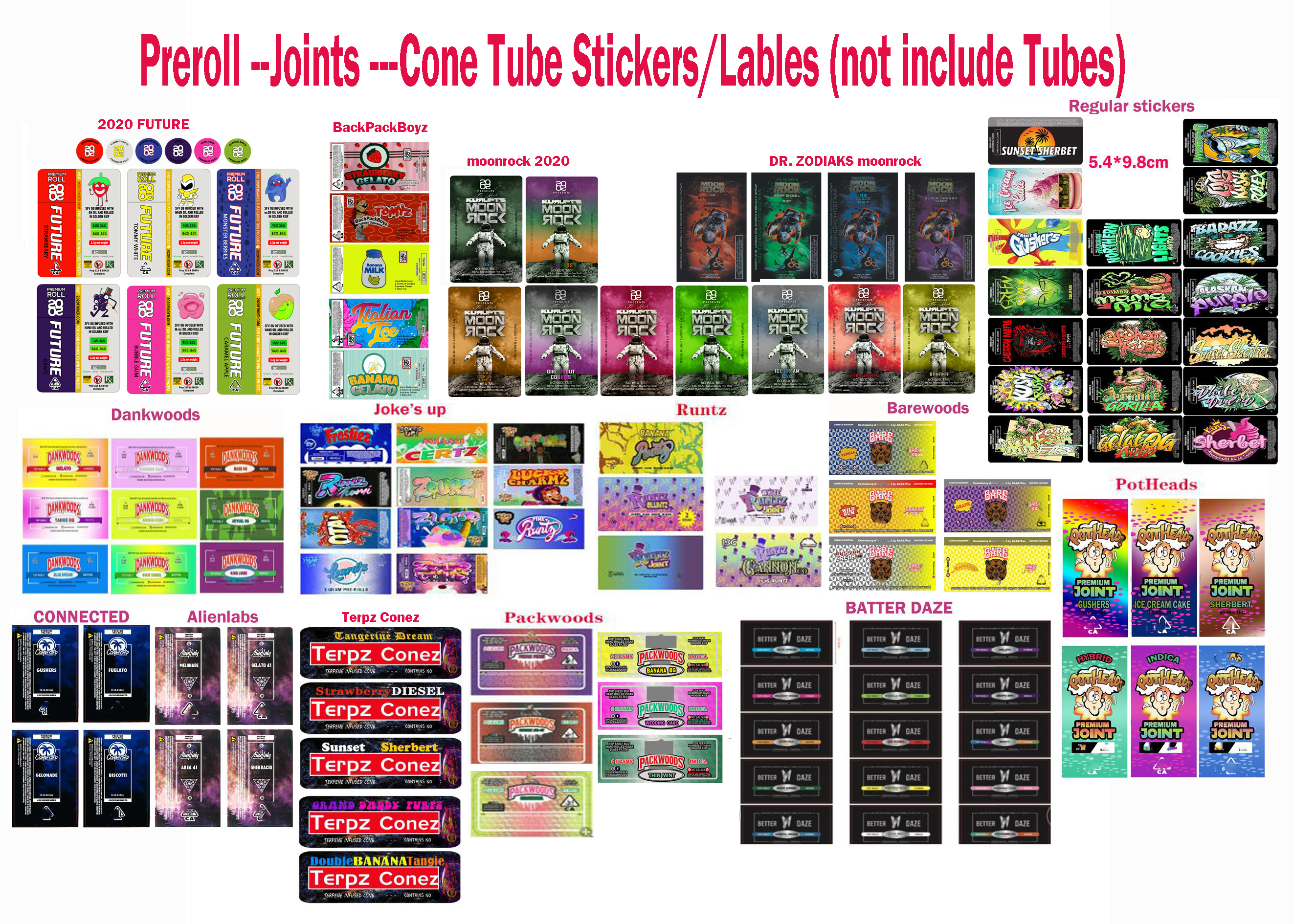 

2020 Future PRE-ROLL Joint Blunt Labels Stickers Dankwoods Pothead Moonrock Barewoods Runtz Joke's up Better Daze preroll Labels