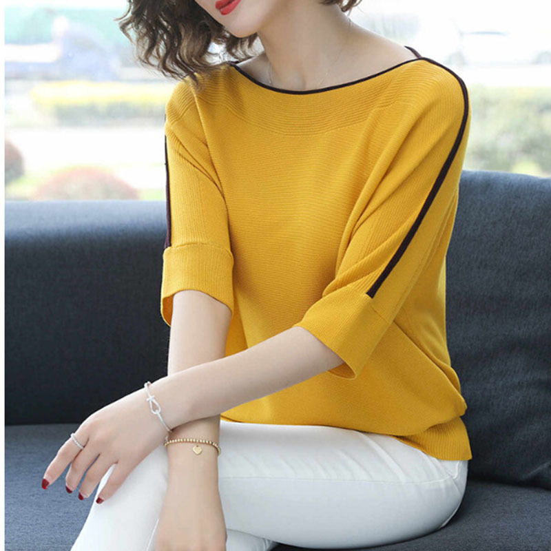 Loose Autumn Half Sleeve Female Pullover Sweater Casual Blue Tops Women Plus Size Knitted Korea Sweaters Ladies Thin Pull Top 201030