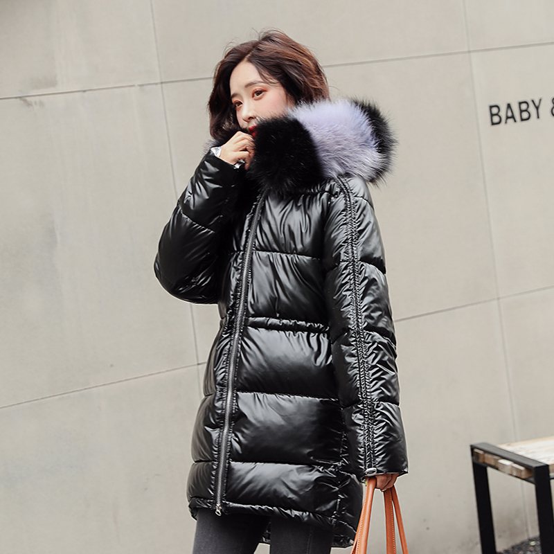 Women's Long Puffer Coat Solid Casual Winter Jacket Women Hooded With Fur Collar Shiny Cotton Padded Plus Size Thick Parkas 201019