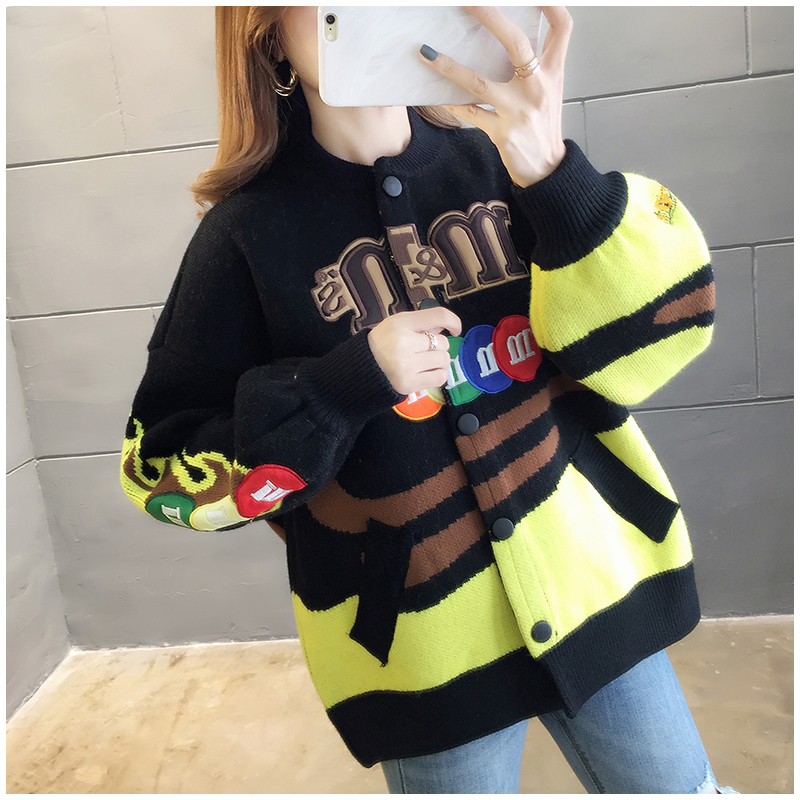 HWLZLTZHT Autumn Woman Jacket Knitted Cardigan Cartoon Harajuku Sweater Women Patchwork Woman Coat Loose Outwear 201026