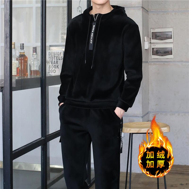 Boutique Winter men's plush and thickened leisure sports velvet suit men's warm Hooded Sweater sports suit couple, Black 
Boutique Winter men's plush and thickened leisure sports velvet suit men's warm Hooded Sweater sports suit couple, Black