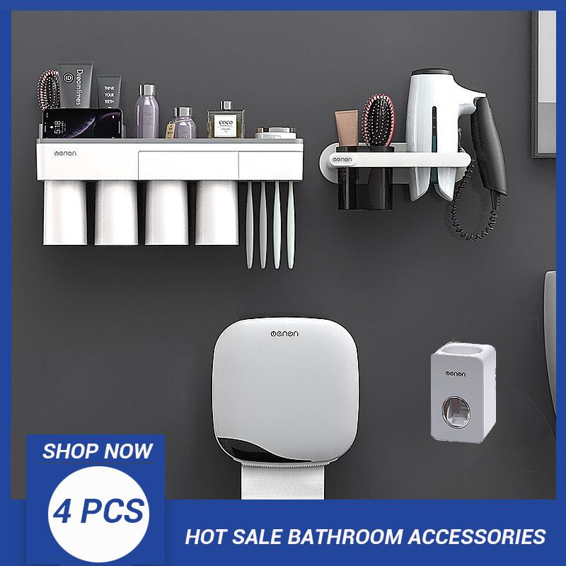 Toothbrush Holder Wall Mounted Automatic Toothpaste Dispenser Storage Rack Hair Dryer Holder Tissue Box Bathroom Accessories Set
Toothbrush Holder Wall Mounted Automatic Toothpaste Dispenser Storage Rack Hair Dryer Holder Tissue Box Bathroom Accessories Set