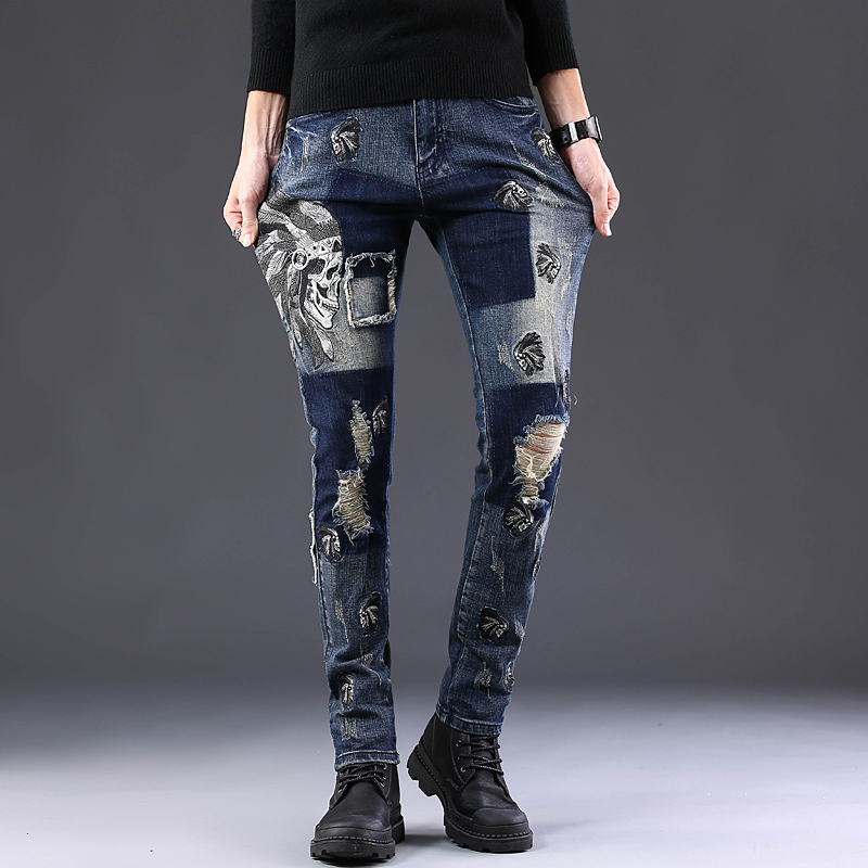 2021 New Breeze Men Retro-blue Fashion Thin Elastic Fit Ripped Jeans Indian Skull Embroidered Hip Pants Brim 5bgs, Jacket
2021 New Breeze Men Retro-blue Fashion Thin Elastic Fit Ripped Jeans Indian Skull Embroidered Hip Pants Brim 5bgs, Jacket