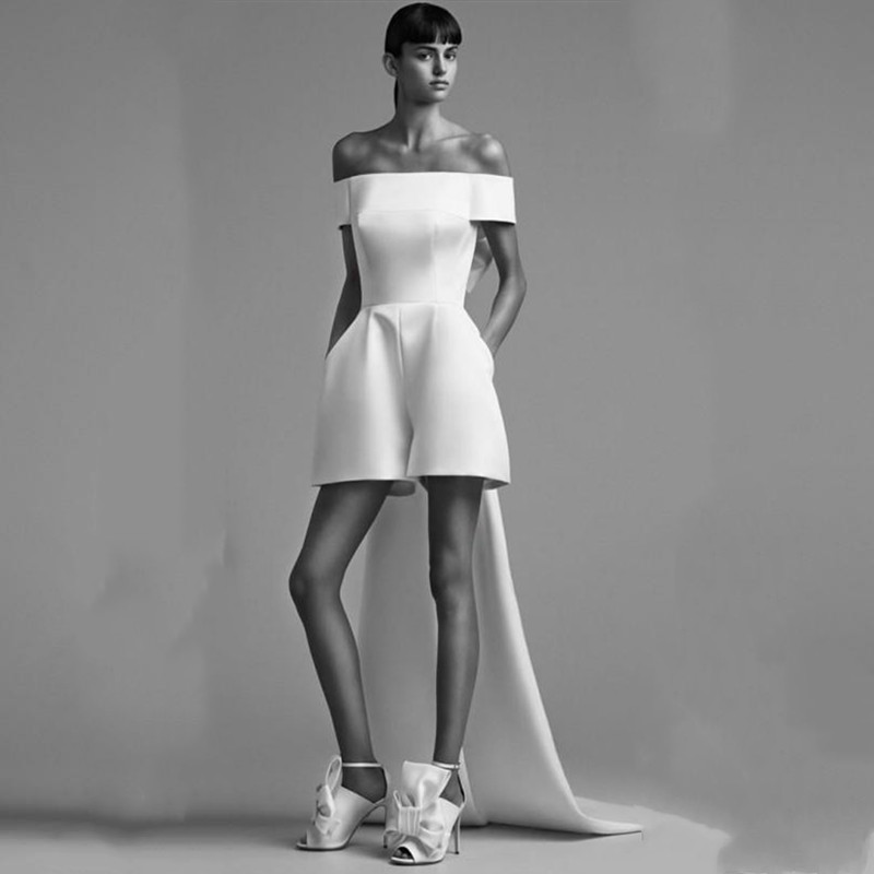 Sexy Short Jumpsuit Wedding Dress Stain Long Train Backless Robes De Mariee Off Shoulder Elegant Bride Wedding Gowns Runway Elopement Dresses