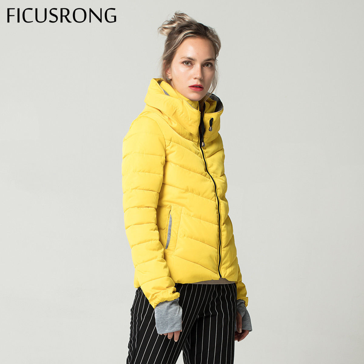Yellow Hooded Winter Jacket For Women - Cotton Padded Stand Collar Basic Coat B3