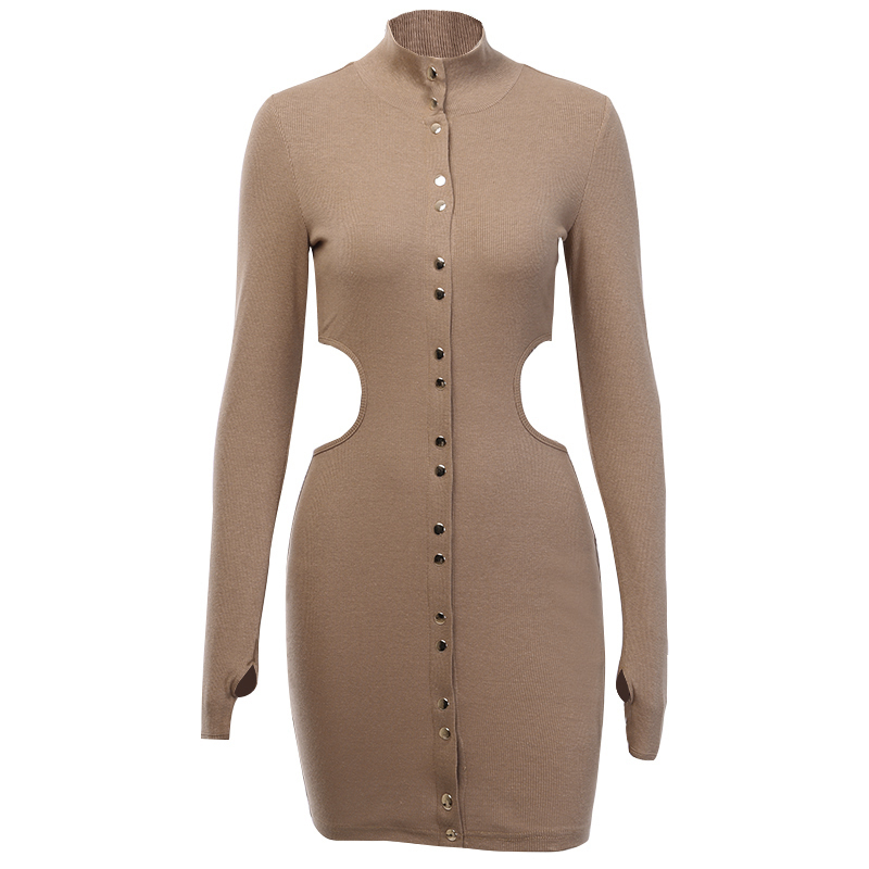 WannaThis Women Casual Dress Button Solid Hight Neck Slim Hollow Out Sexy Long Sleeve Solid Autumn Winter Hole Party Dress T200416