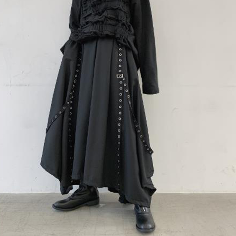 Men Ribbon Dark Black Wide Leg Pants Male Women Japan Punk Gothic Harem Trousers Kimono Skirt Pants 201130wtt