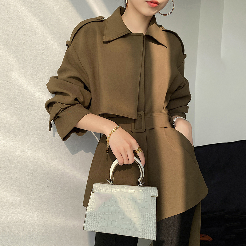 [EAM] Women Brown Stitch Big Size Trench New Lapel Long Sleeve Loose Fit Windbreaker Fashion Tide Spring Autumn 1DB309 201211