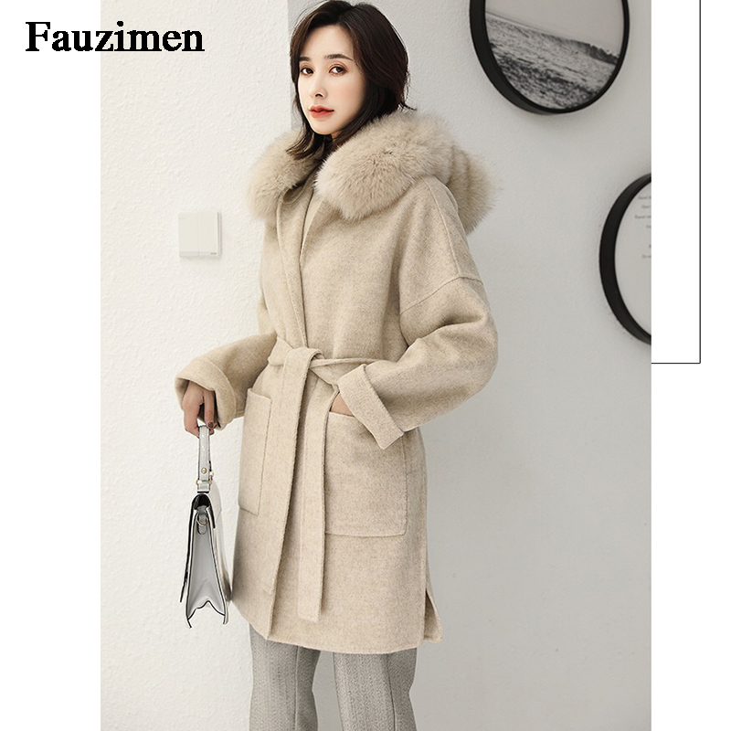 Cashmere Jacket Women Ladies Hand Made Women Fox Fur Collar Wool Coat Casual Winter Wool Jacket Woolen Overcoat Cashmere Coat 201217