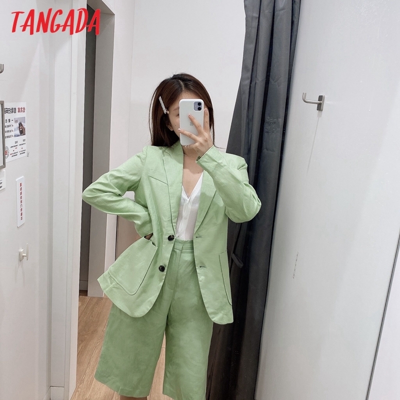 Tangada women green cotton linen blazer female long sleeve elegant jacket ladies work wear formal suits BE753 201114