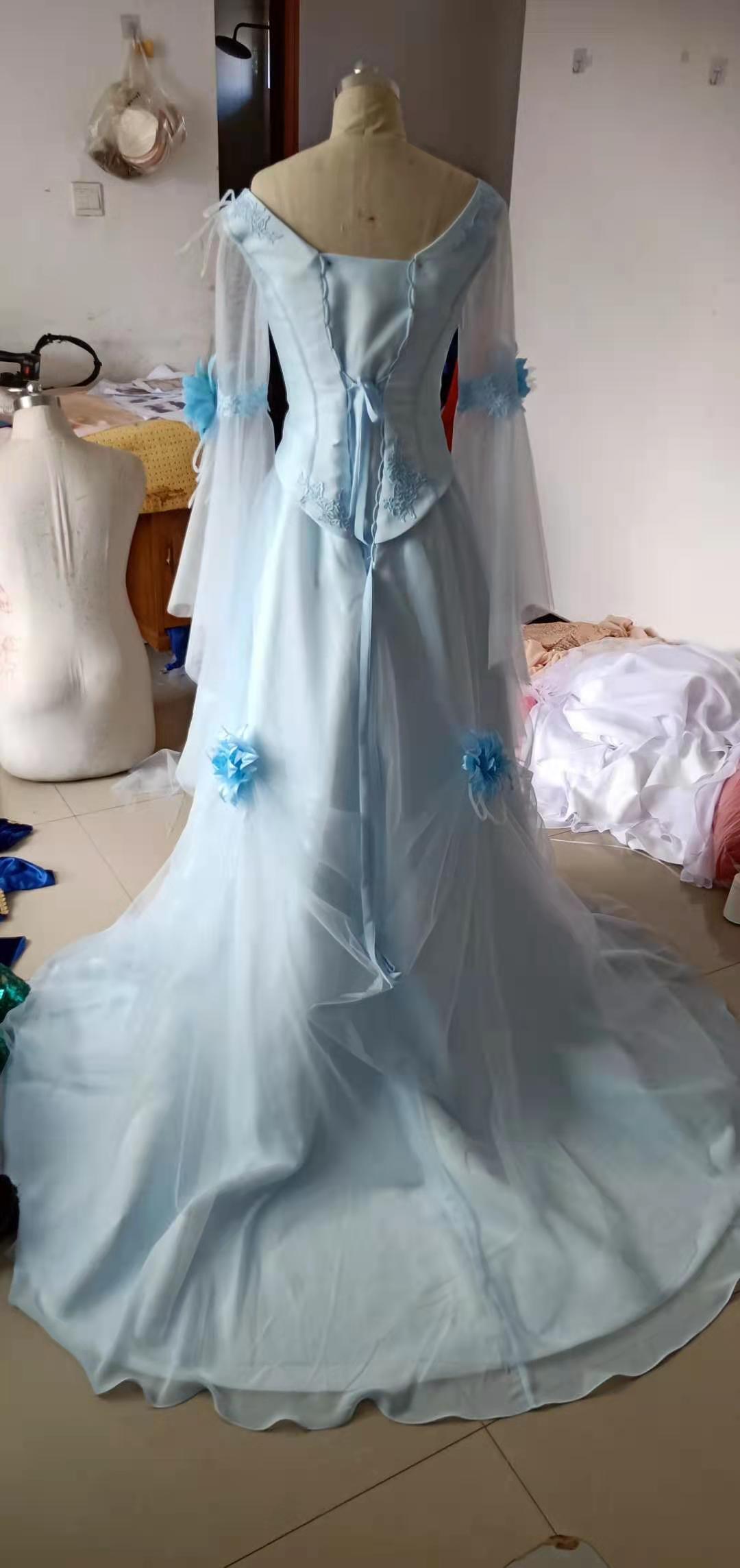 Real Pictures Vintage Light Corset Prom Dresses A e Fairy Long Poet Sleeve 3D wers Court Train Plus Size Chiffon Evening Gown