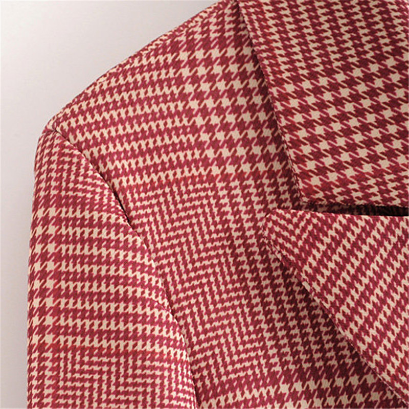 Women elegant houndstooth plaid Suit blazer Notched Collar long sleeve pockets red coat female office wear fashion tops 201102