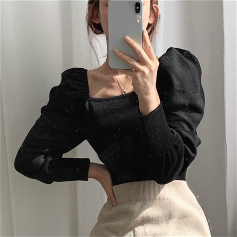 Neploe Autumn Korean Tops Puff Sleeve Sweater Pull Femme Vintage Square Collar Pullover Knitwear Women Slim Thin Sweaters Jumper 201111wtt