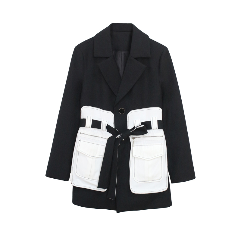 EAM Women Black Pocket Split Joint Blazer Lapel Long Sleeve Loose Fit Jacket Fashion Spring Autumn 1X582 201114